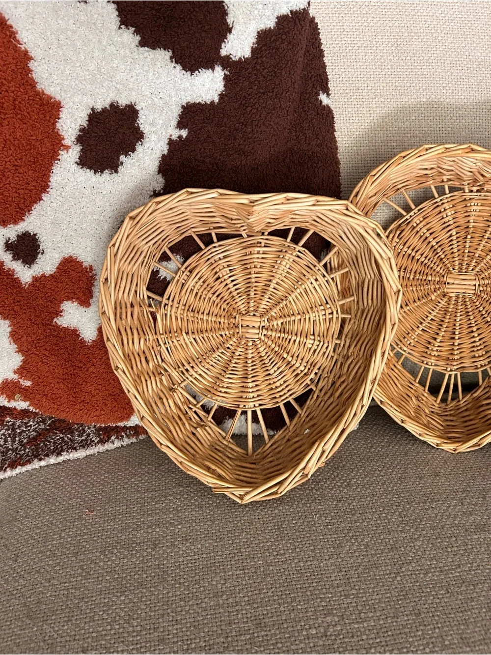 Natural Woven Heart Nesting Basket Trio - Light Brown Boho Home Decor